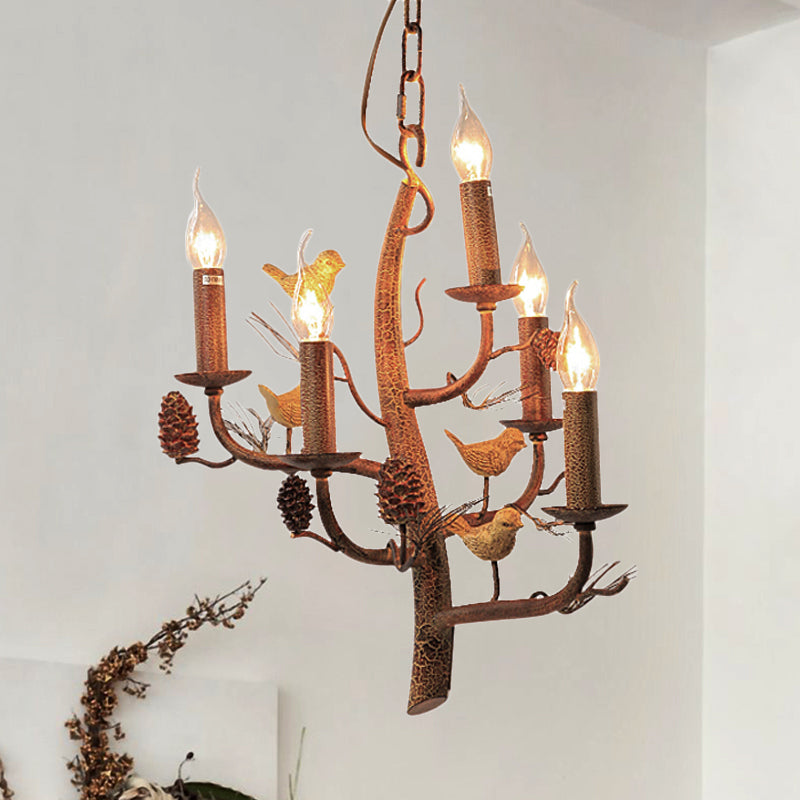 Rustic Metal Chandelier with Candle Dining Room Ceiling Fixture - 3/5 Lights, Wood Hanging Design with Branch and Birds