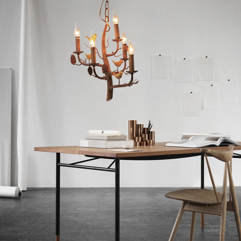 Rustic Metal Chandelier with Candle Dining Room Ceiling Fixture - 3/5 Lights, Wood Hanging Design with Branch and Birds