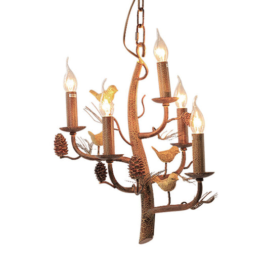 Rustic Metal Chandelier with Candle Dining Room Ceiling Fixture - 3/5 Lights, Wood Hanging Design with Branch and Birds