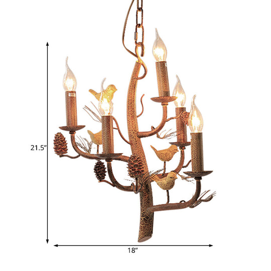 Rustic Metal Chandelier with Candle Dining Room Ceiling Fixture - 3/5 Lights, Wood Hanging Design with Branch and Birds