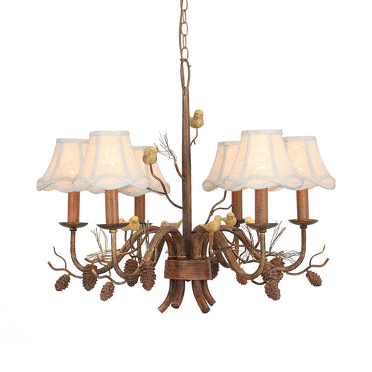 Rustic Metal Pendant Chandelier - 6-Light Scalloped Design in White with Fabric Shade and Pinecone Accent