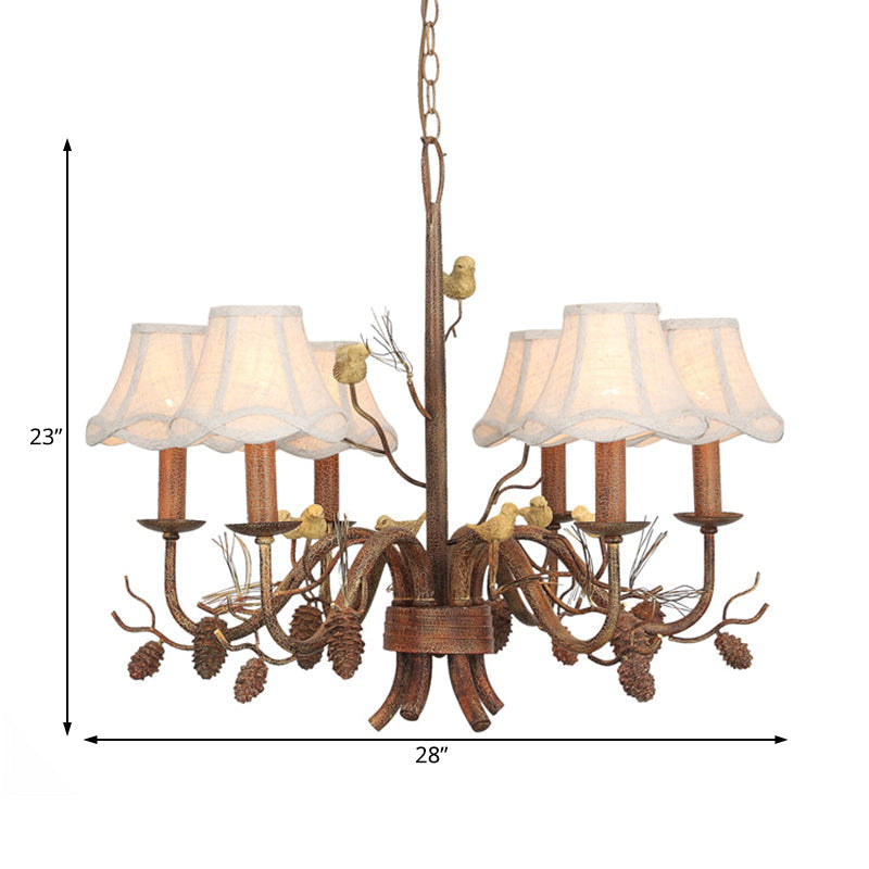Rustic Metal Pendant Chandelier - 6-Light Scalloped Design in White with Fabric Shade and Pinecone Accent