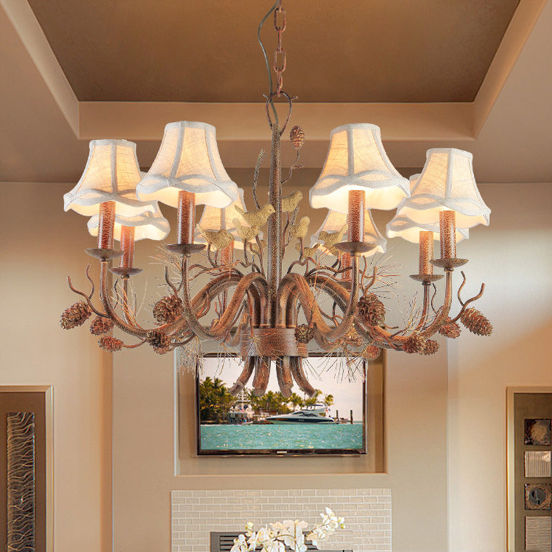 Rustic Metal Scalloped Pendant Chandelier - Brown, 8 Lights with White Fabric Shade and Pinecone Accent