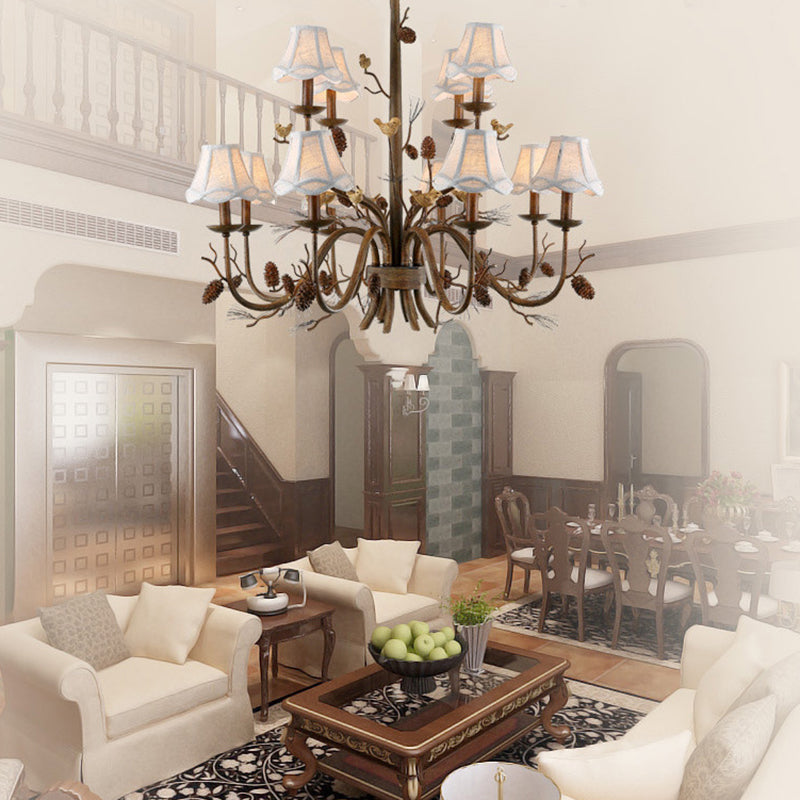 Rustic Brown Scalloped Chandelier with 12 Lights, Metal Pendant Light Fixture, and White Fabric Shade