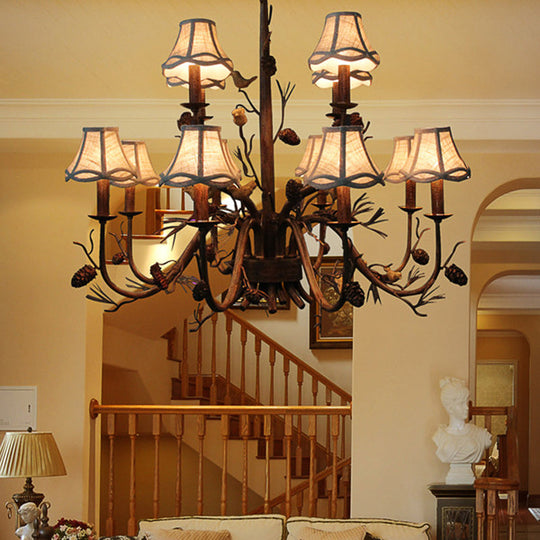 Rustic Brown Scalloped Chandelier with 12 Lights, Metal Pendant Light Fixture, and White Fabric Shade