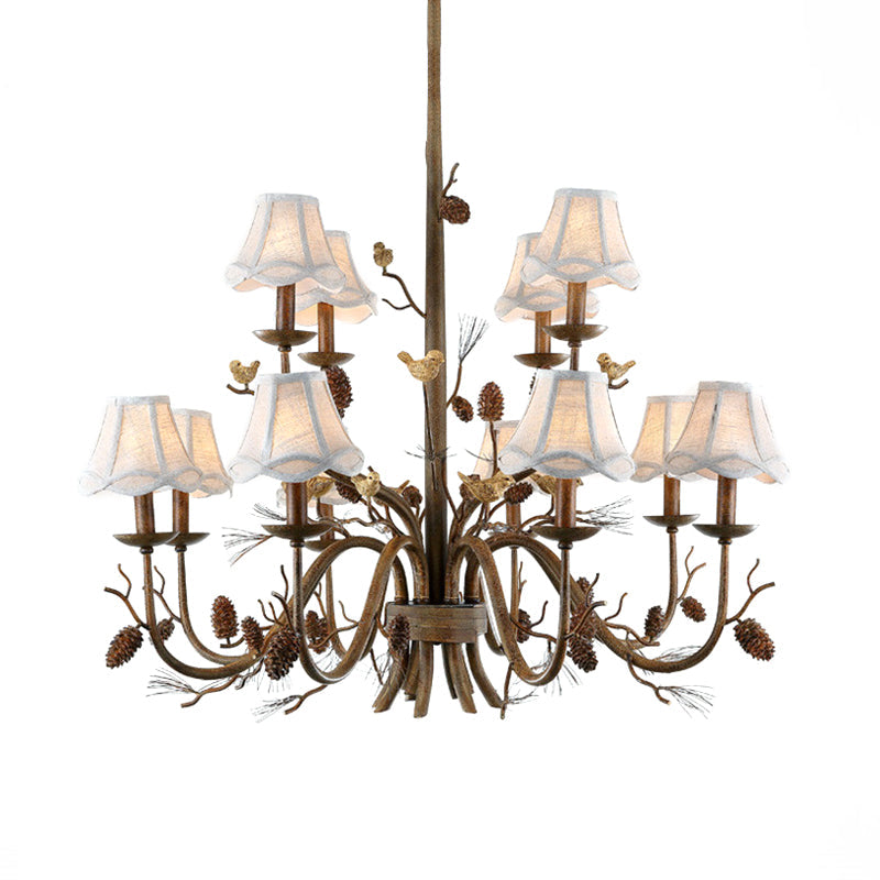 Rustic Brown Scalloped Chandelier with 12 Lights, Metal Pendant Light Fixture, and White Fabric Shade