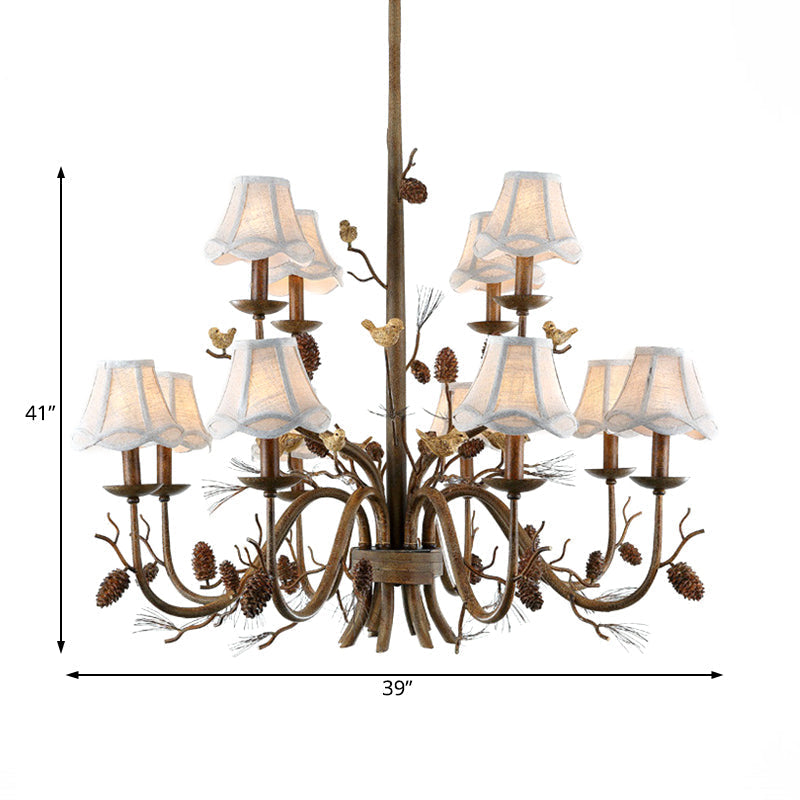 Rustic Brown Scalloped Chandelier with 12 Lights, Metal Pendant Light Fixture, and White Fabric Shade