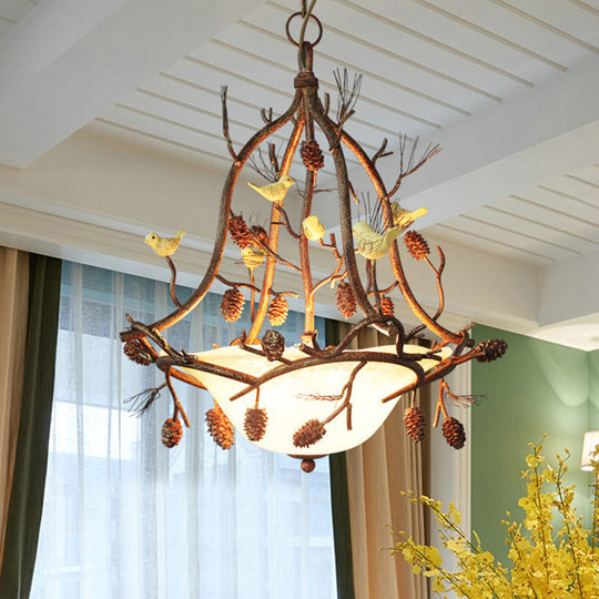 Frosted Glass Hanging Chandelier with Country Brown Finish - 3 Lights, Bird and Pinecone Design - Ideal for Dining Room Pendant Lighting