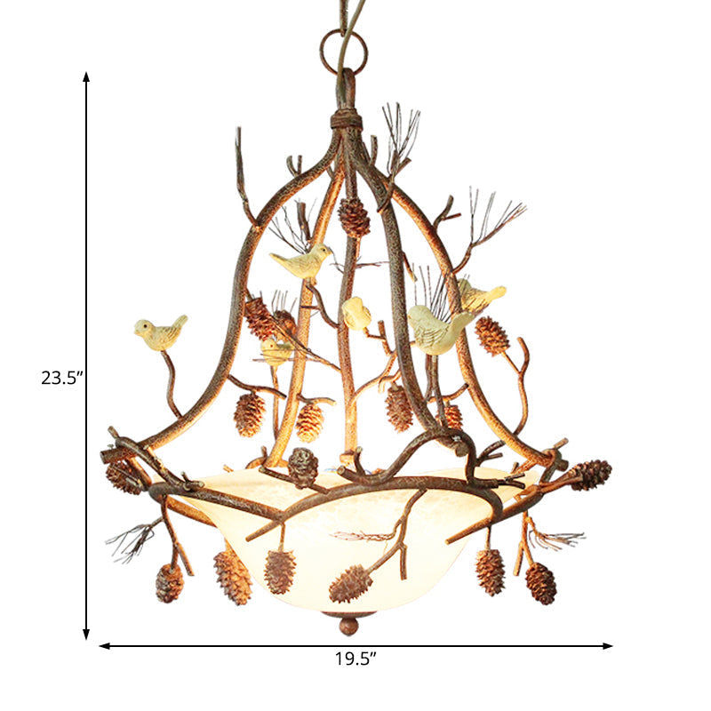 Frosted Glass Hanging Chandelier with Country Brown Finish - 3 Lights, Bird and Pinecone Design - Ideal for Dining Room Pendant Lighting