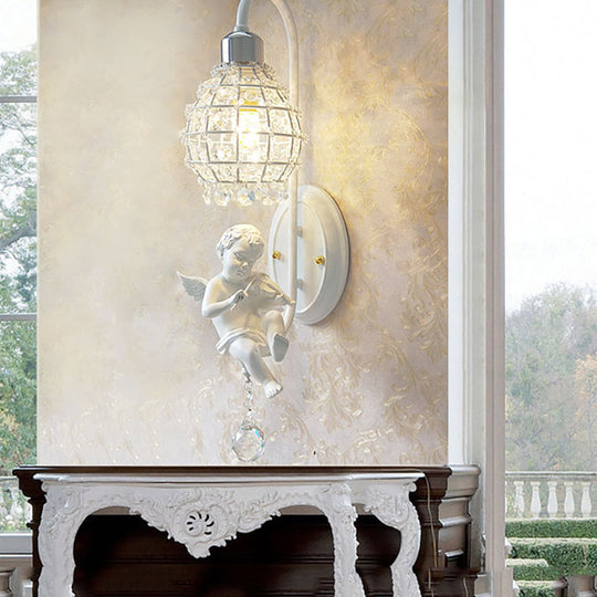 1-Light Wall Sconce with Globe Crystal and Angel Decoration - Simple Corridor Mount in White