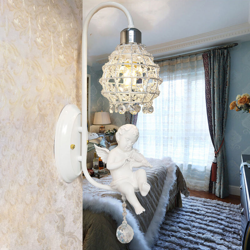 1-Light Wall Sconce with Globe Crystal and Angel Decoration - Simple Corridor Mount in White