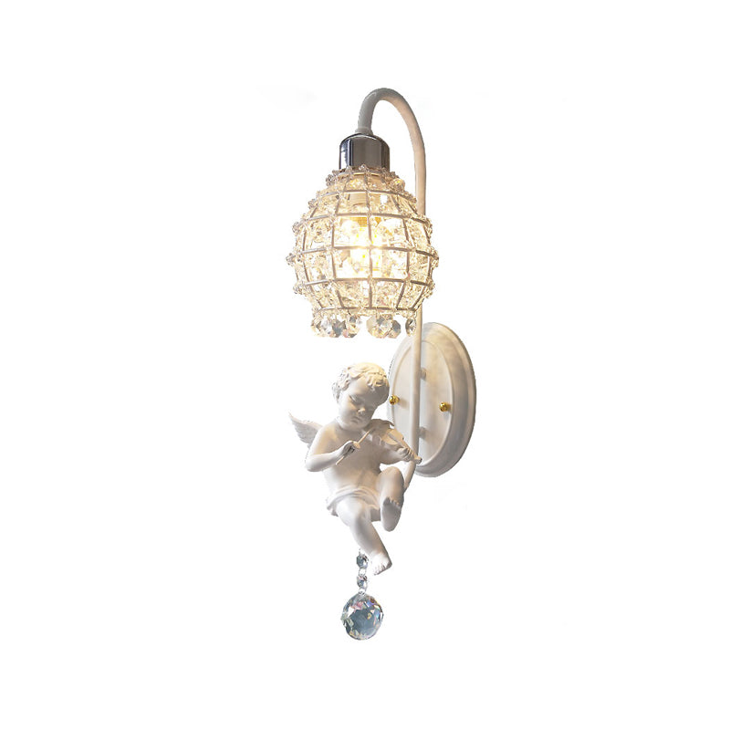 1-Light Wall Sconce with Globe Crystal and Angel Decoration - Simple Corridor Mount in White