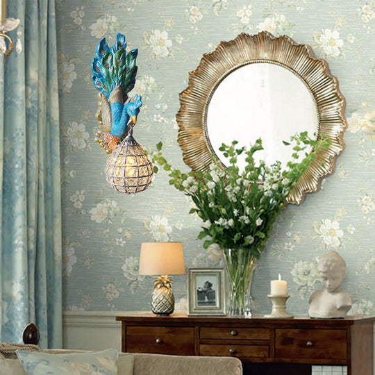 Southeast Asia Style Blue Peacock Wall Light Fixture – Resin Bedroom Sconce Lamp with Globe Frame Shade