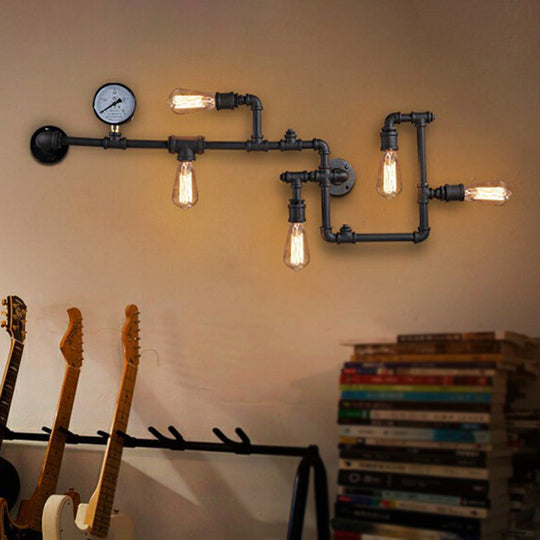 Industrial Metal Wall Lamp with 5 Lights and Water Gauge Deco - Perfect for Piping Restaurant Décor