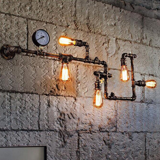 Industrial Metal Wall Lamp with 5 Lights and Water Gauge Deco - Perfect for Piping Restaurant Décor