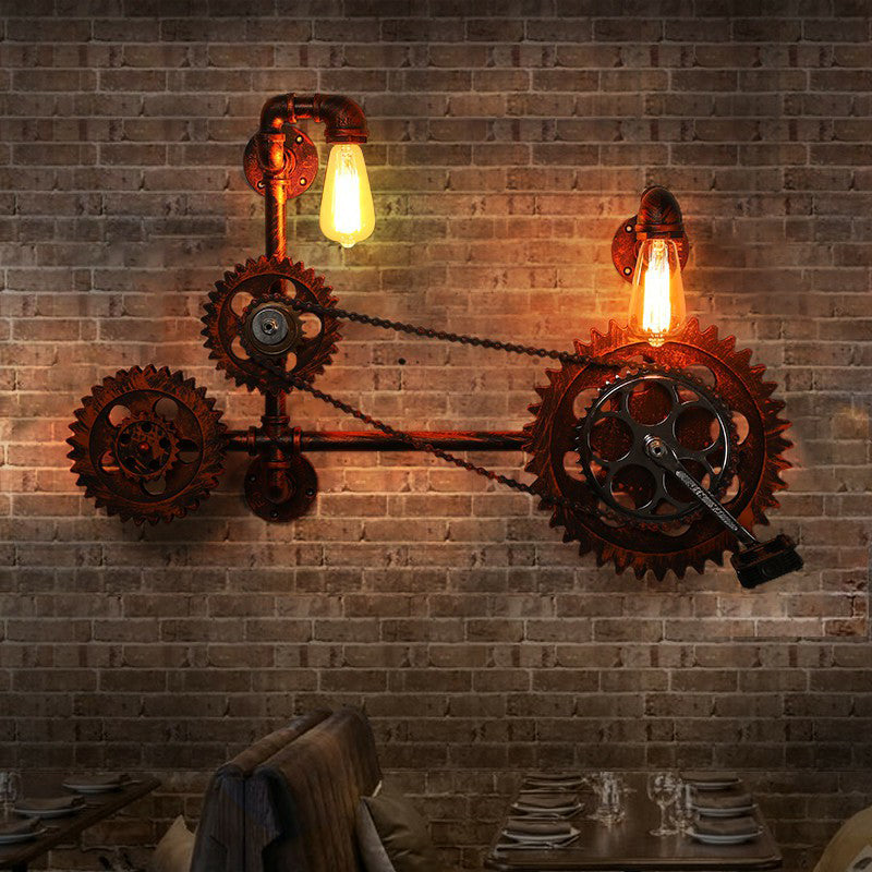 Industrial Pipe Wall Mount Light with Wrought Iron Sconce - 2 Head Rustic Lighting