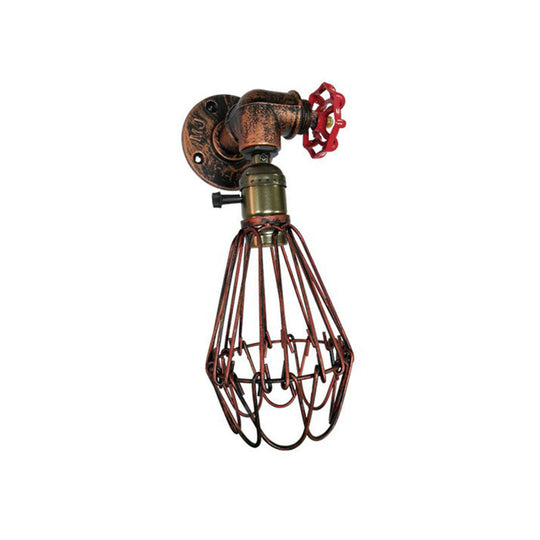 Rust Red Metallic 1-Bulb Cage Wall Light Fixture | Warehouse Sconce for Living Room