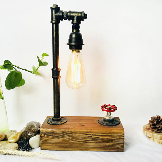 Industrial Iron 1-Light Bedroom Night Lamp with Bronze Finish, Wooden Base, and Dimmer Switch