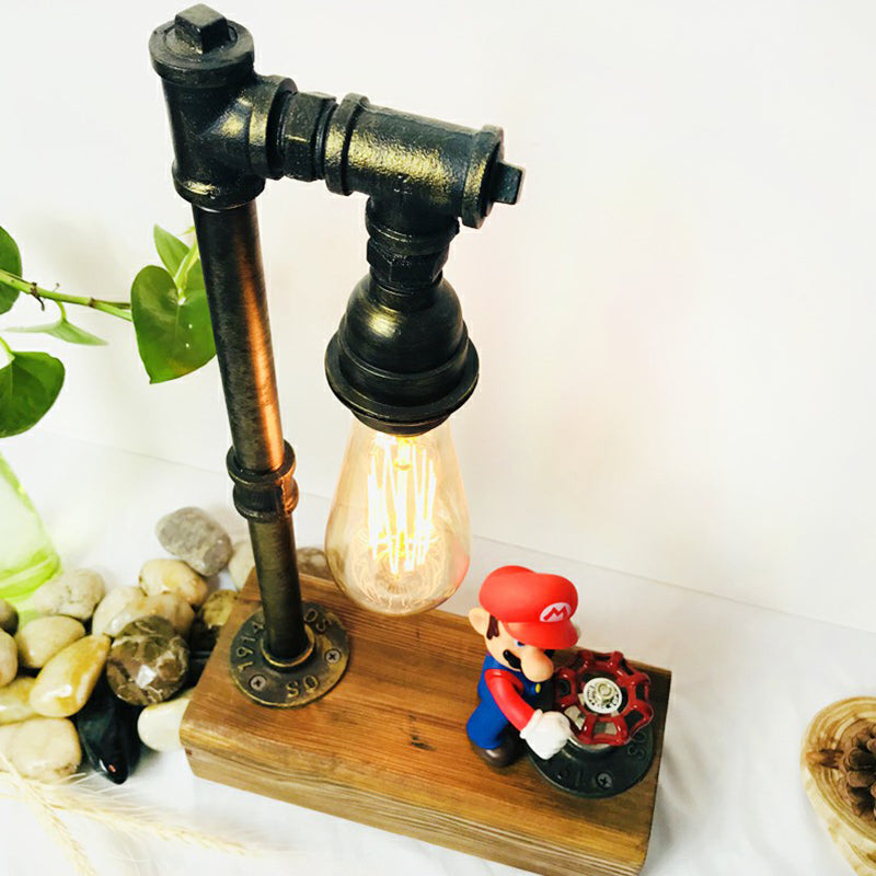 Industrial Iron 1-Light Bedroom Night Lamp with Bronze Finish, Wooden Base, and Dimmer Switch