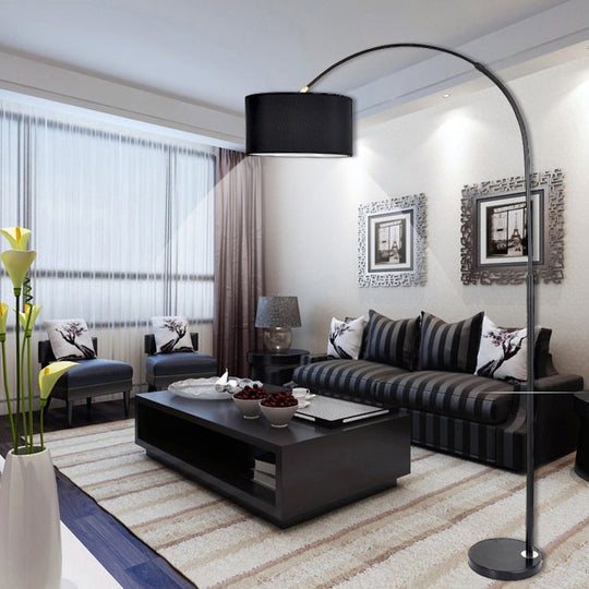 Sleek Metallic Standing Floor Lamp with Drum Fabric Shade, Perfect for Fishing Enthusiasts