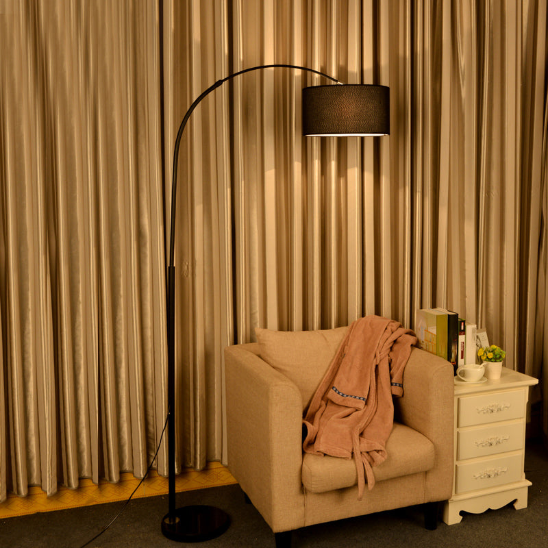 Sleek Metallic Standing Floor Lamp with Drum Fabric Shade, Perfect for Fishing Enthusiasts