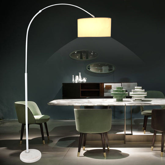 Sleek Metallic Standing Floor Lamp with Drum Fabric Shade, Perfect for Fishing Enthusiasts
