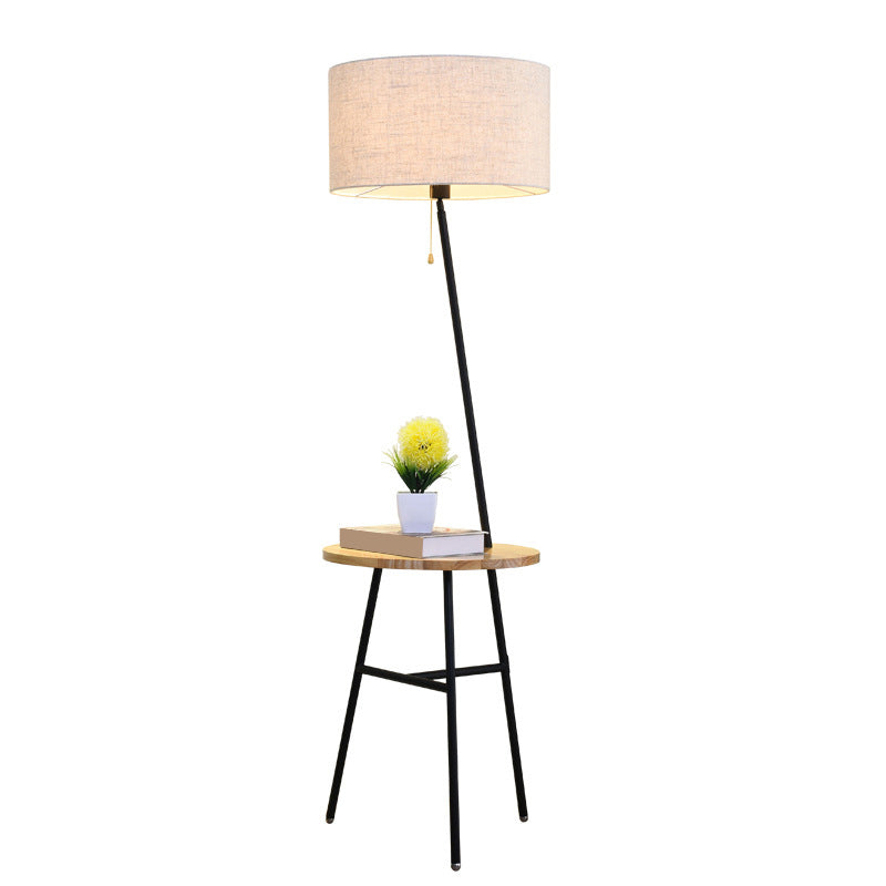 Minimalist Drum Floor Lamp in Black with Wooden Tray and Pull Chain – Ideal for Living Room