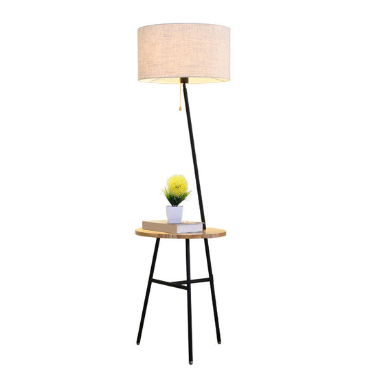 Minimalist Drum Floor Lamp in Black with Wooden Tray and Pull Chain – Ideal for Living Room