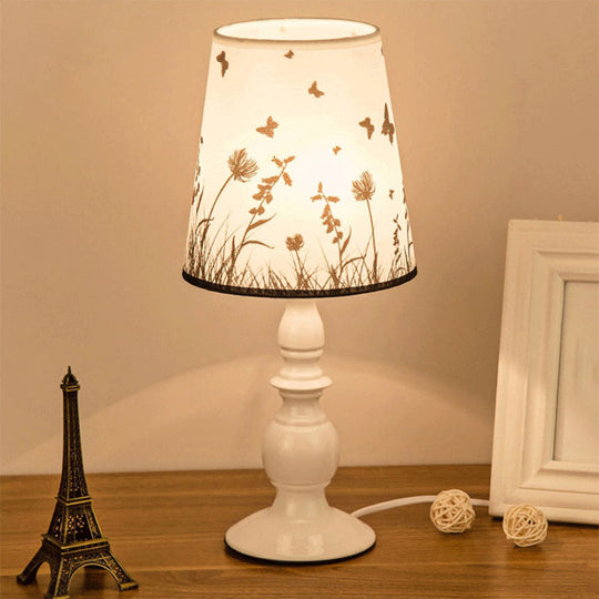 White Classic Patterned Fabric Bucket Nightstand Lamp with Baluster Base - 1 Head Table Lighting