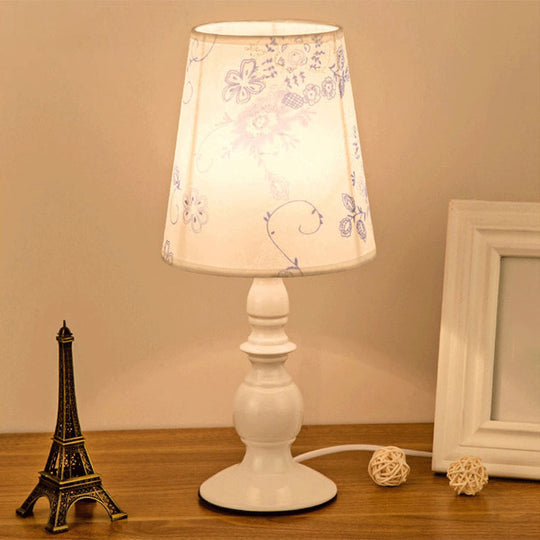 White Classic Patterned Fabric Bucket Nightstand Lamp with Baluster Base - 1 Head Table Lighting