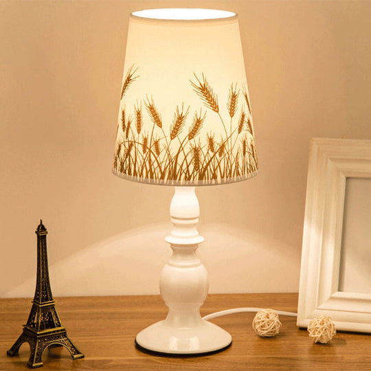 White Classic Patterned Fabric Bucket Nightstand Lamp with Baluster Base - 1 Head Table Lighting
