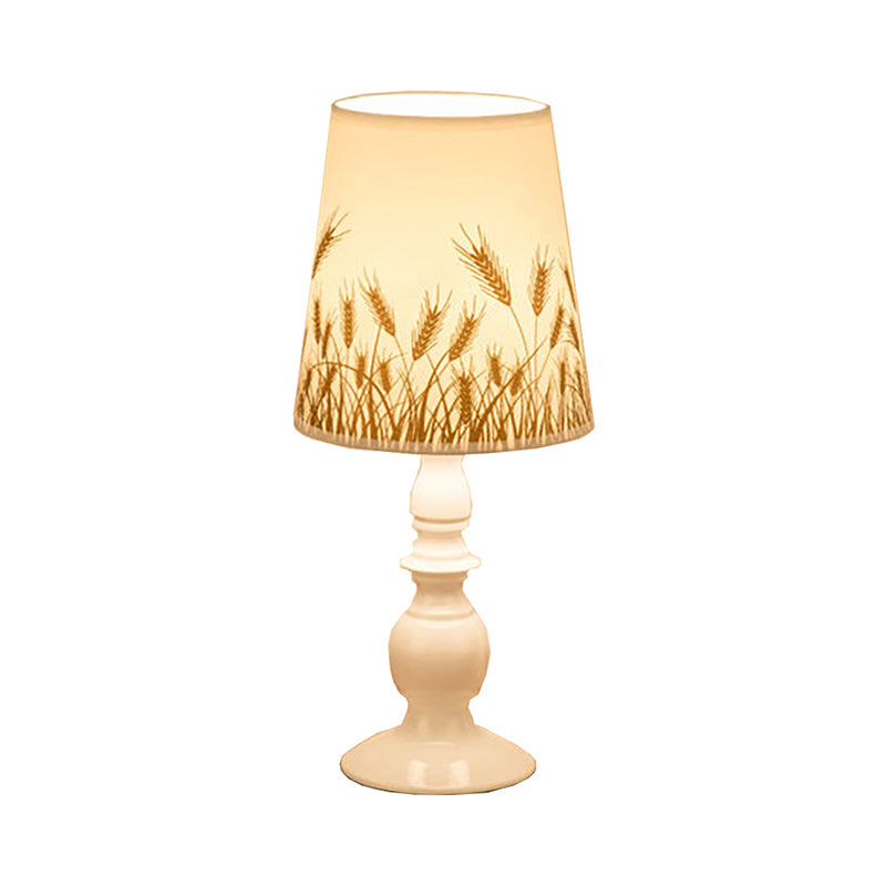 White Classic Patterned Fabric Bucket Nightstand Lamp with Baluster Base - 1 Head Table Lighting