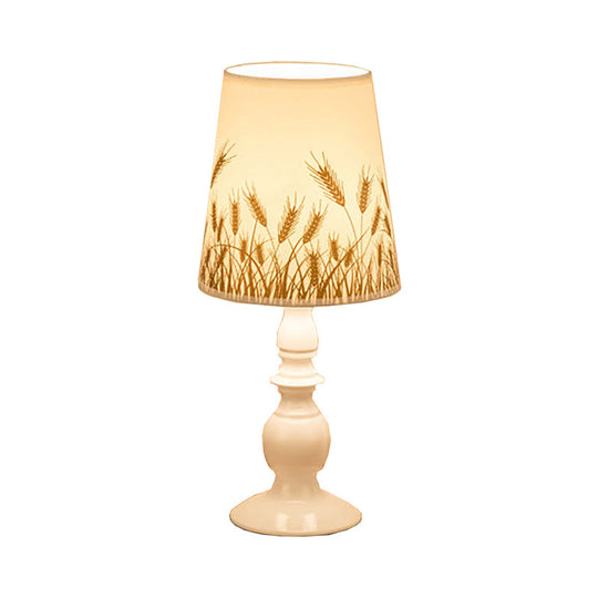 White Classic Patterned Fabric Bucket Nightstand Lamp with Baluster Base - 1 Head Table Lighting