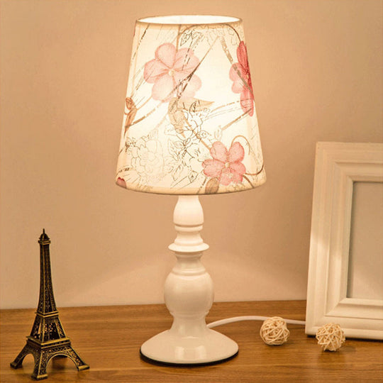 White Classic Patterned Fabric Bucket Nightstand Lamp with Baluster Base - 1 Head Table Lighting