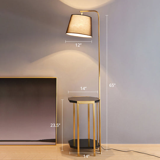 Modern Floor Lamp with 2-Tier Shelf - Bucket Design, Fabric Shade