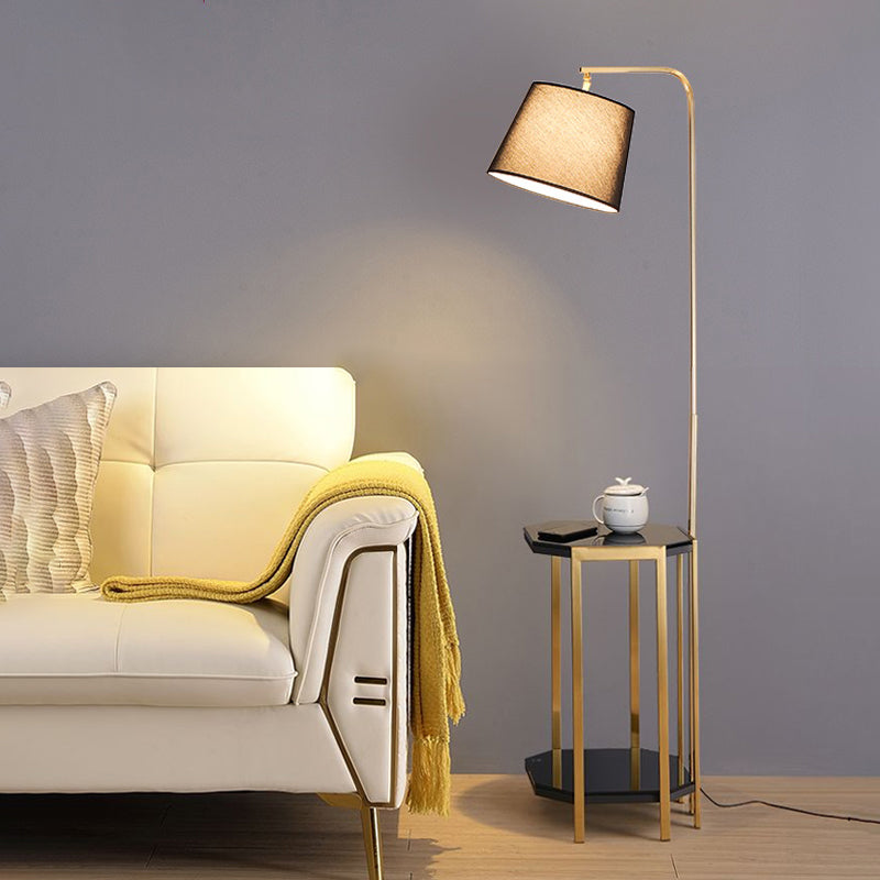 Modern Floor Lamp with 2-Tier Shelf - Bucket Design, Fabric Shade