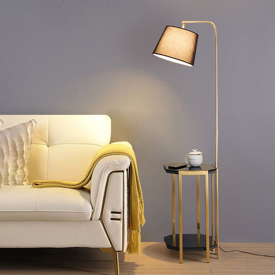 Modern Floor Lamp with 2-Tier Shelf - Bucket Design, Fabric Shade