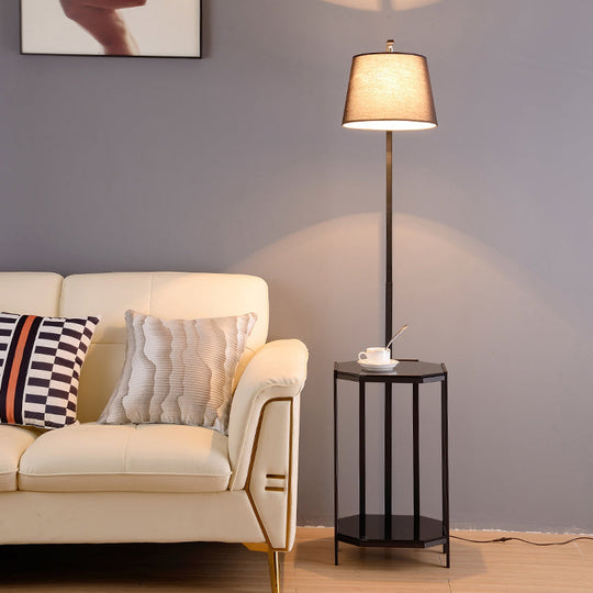Modern Floor Lamp with 2-Tier Shelf - Bucket Design, Fabric Shade