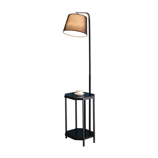 Modern Floor Lamp with 2-Tier Shelf - Bucket Design, Fabric Shade