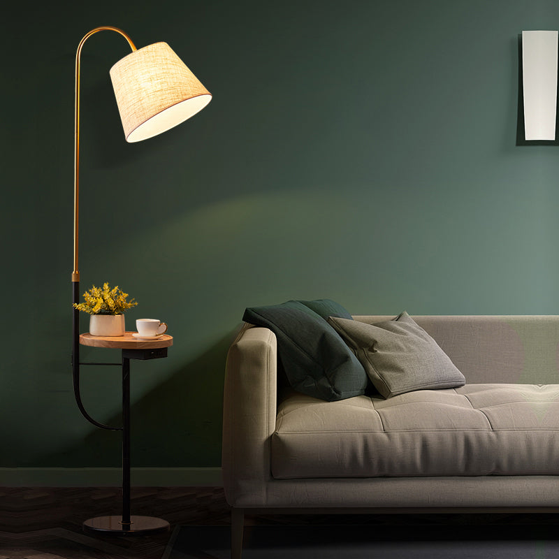 Contemporary Fabric Tapered Drum Floor Light with Tray - Bedside Lighting, 1 Bulb