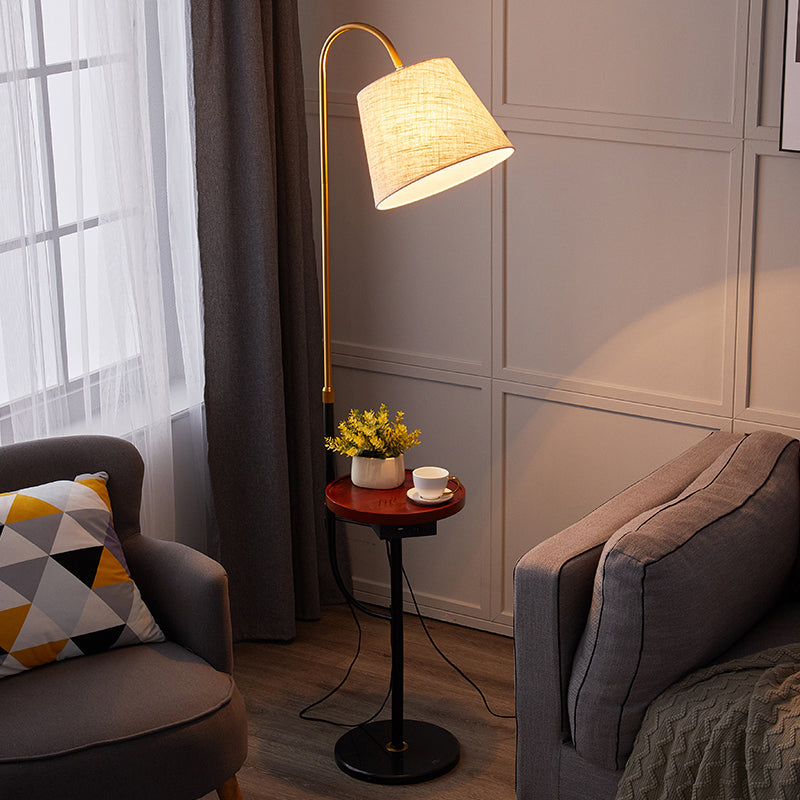 Contemporary Fabric Tapered Drum Floor Light with Tray - Bedside Lighting, 1 Bulb