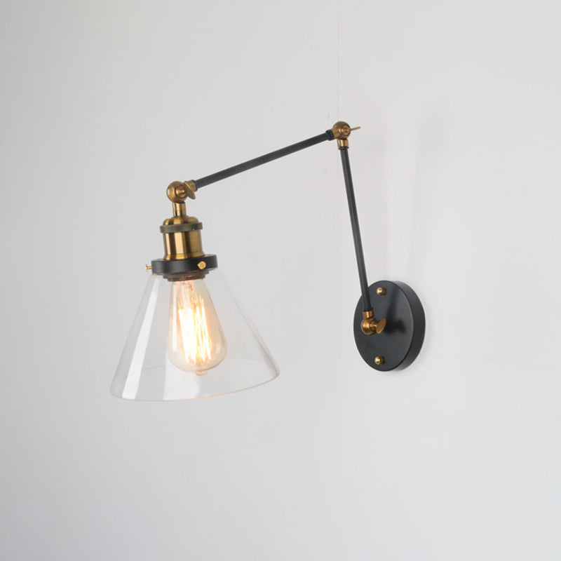 Vintage Cone Wall Light - Clear Glass Wall Mounted Lamp with Long Arm