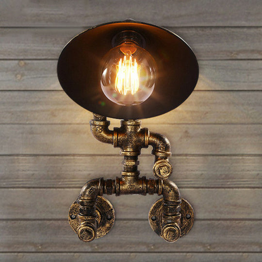 Steampunk Iron Pipe Man Wall Mount Light with Flared Bronze Shade - Bedroom Wall Lamp (1 Head)