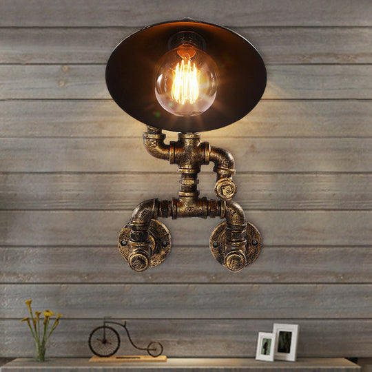 Steampunk Iron Pipe Man Wall Mount Light with Flared Bronze Shade - Bedroom Wall Lamp (1 Head)