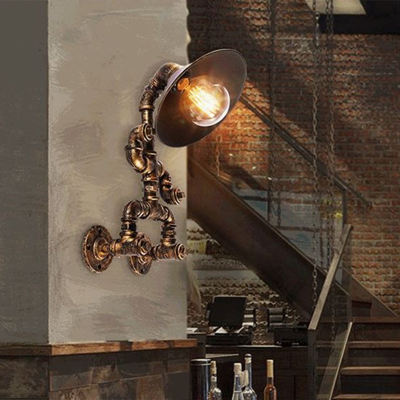 Steampunk Iron Pipe Man Wall Mount Light with Flared Bronze Shade - Bedroom Wall Lamp (1 Head)