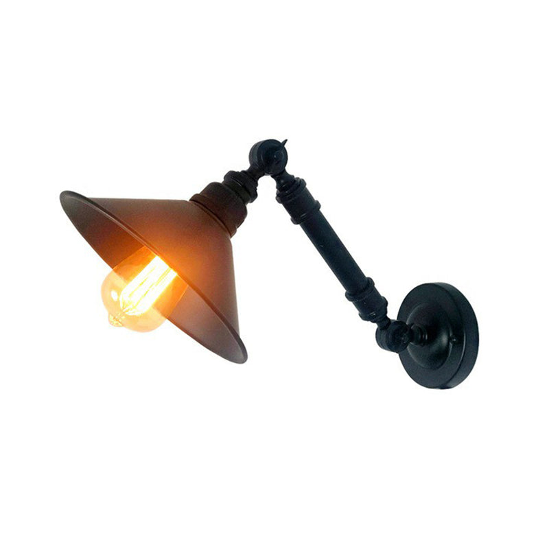 Vintage Iron Swing Arm Wall Lamp: Black Flared Reading Light for Bedroom with 1 Bulb - Wall Mount