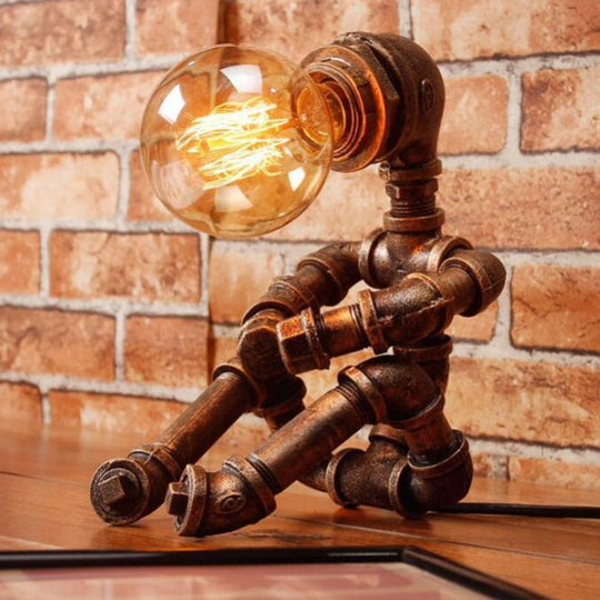 1-Light Industrial Robot Table Lamp - Antiqued Bronze Metal Nightstand Light for Bedroom