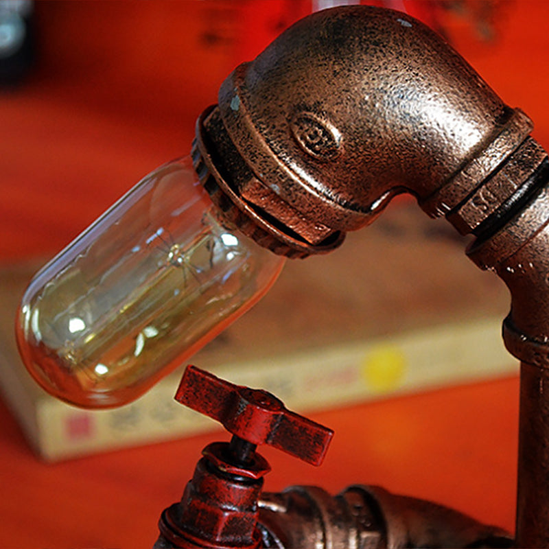 Pipe Man Industrial Metal Night Light - Rust Red Table Lamp with 1 Bulb for Bedroom