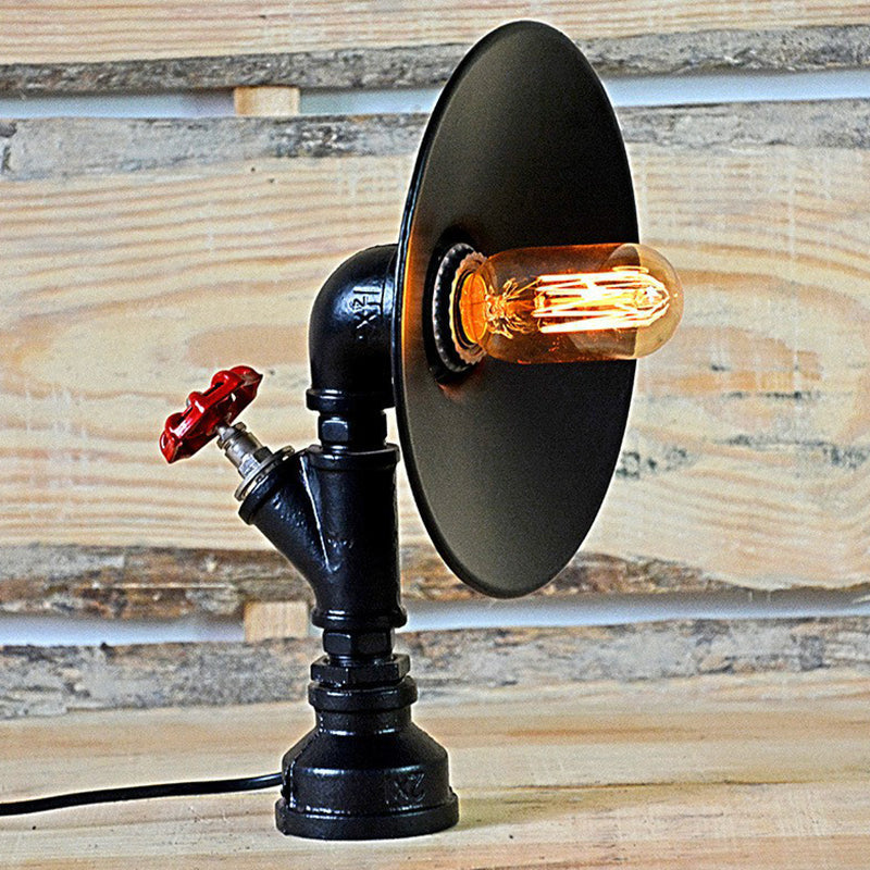 Industrial Flared Shade Night Lamp with Decorative Red Valve - Black Iron Table Light