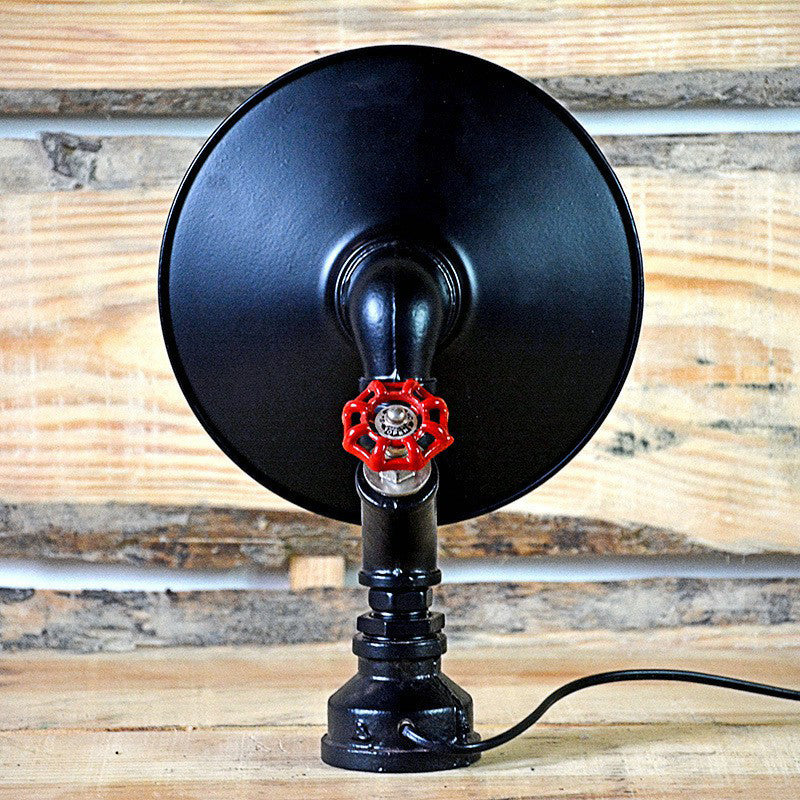 Industrial Flared Shade Night Lamp with Decorative Red Valve - Black Iron Table Light